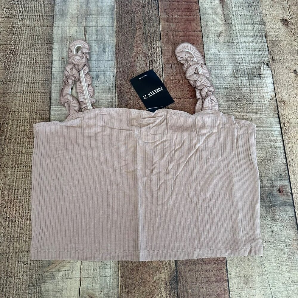 Forever 21 tan taupe knit cropped tank top with ruffle sleeves women's Large NWT